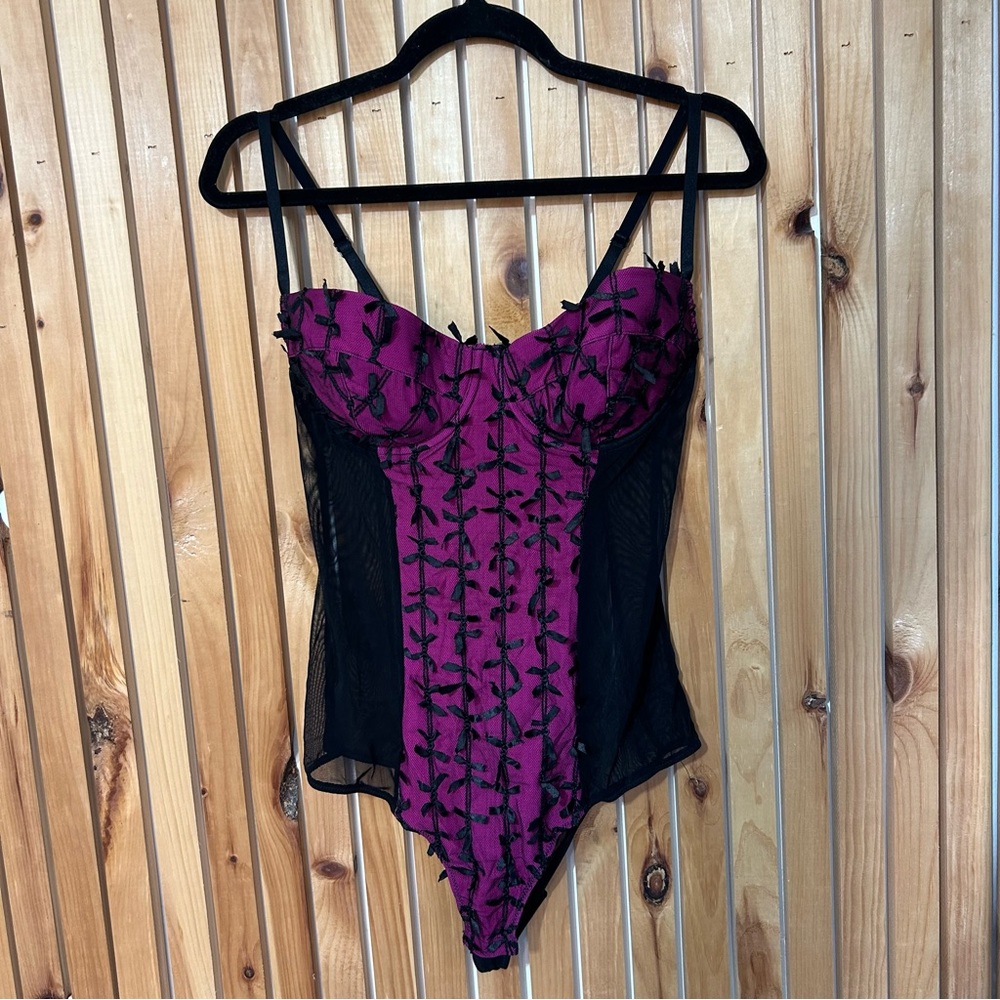 Frederick's of Hollywood Mixed Mesh Bow Sheer Bodysuit Lingerie XL Whimsigoth